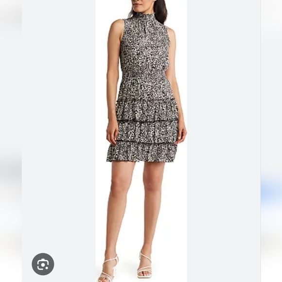 Nanette Lepore Sleeveless Ruffle Tiered Mini Dress. Black Cream 654-1 Print - Picture 12 of 12